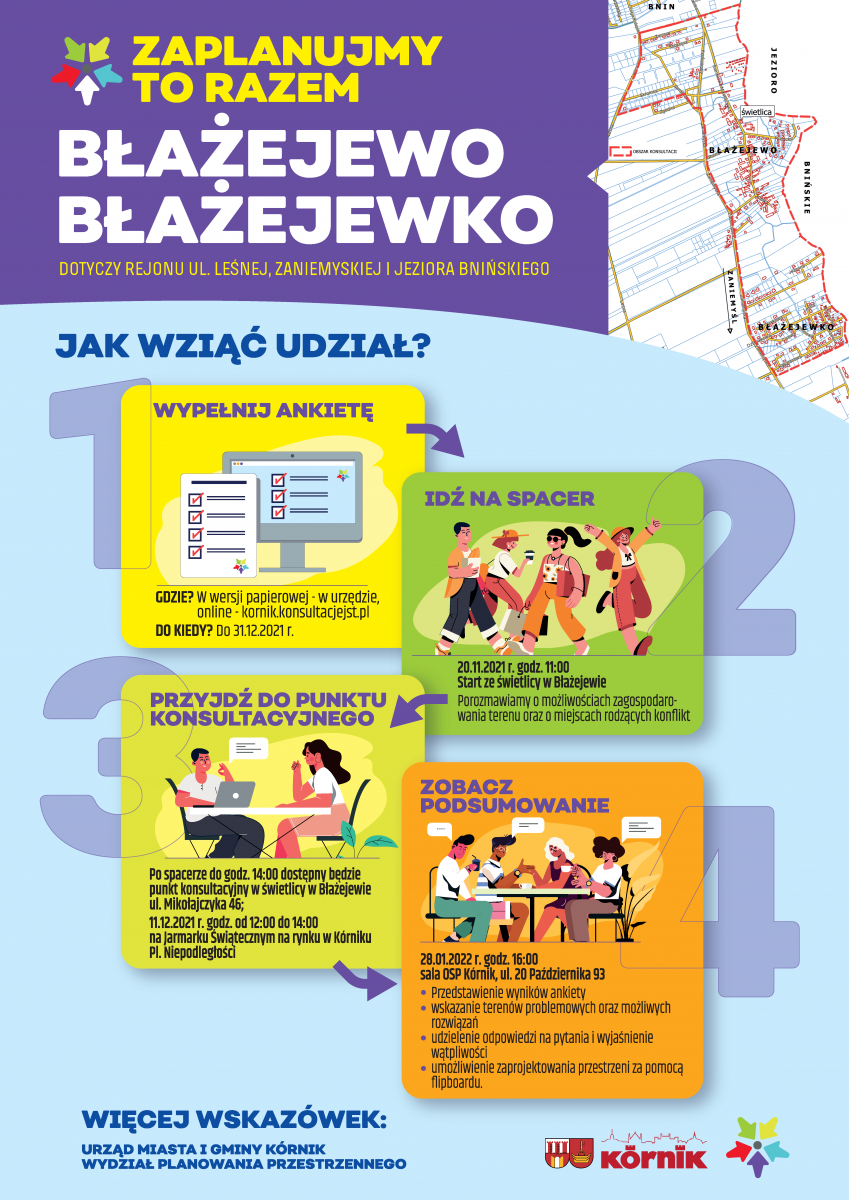 Plakat informacyjny dotyczący konsultacji społecznych w sprawie zagospodarowania terenów w Błażejewie i Błażejewku